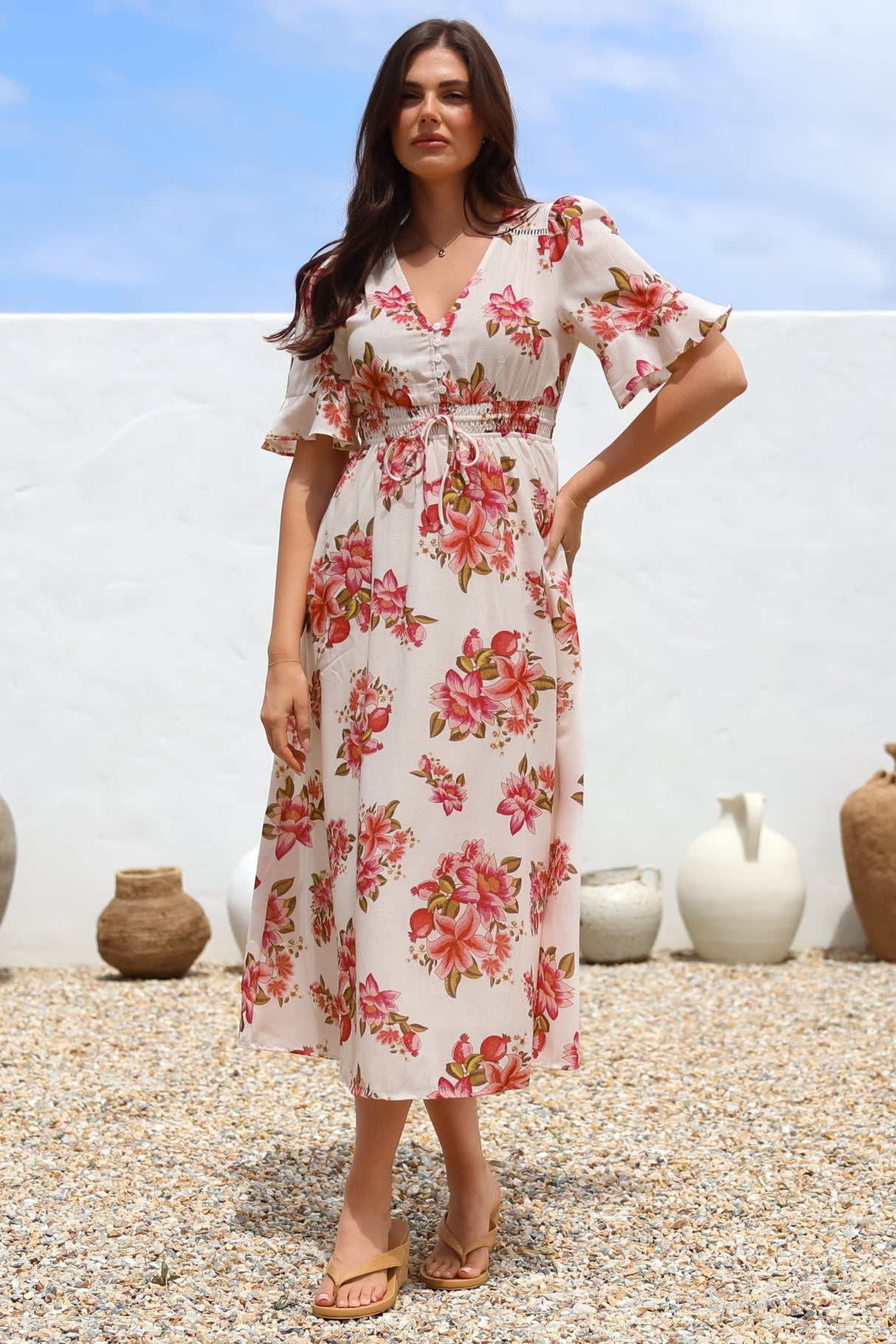 Vinnie Midi Dress - V-Neck Dress with Short Flutter Sleeves in Rosita Print