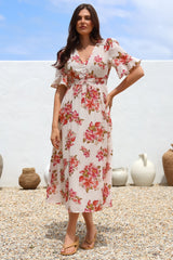 Vinnie Midi Dress - V-Neck Dress with Short Flutter Sleeves in Rosita Print