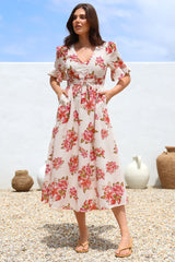 Vinnie Midi Dress - V-Neck Dress with Short Flutter Sleeves in Rosita Print