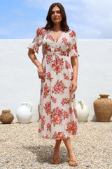 Vinnie Midi Dress - V-Neck Dress with Short Flutter Sleeves in Rosita Print