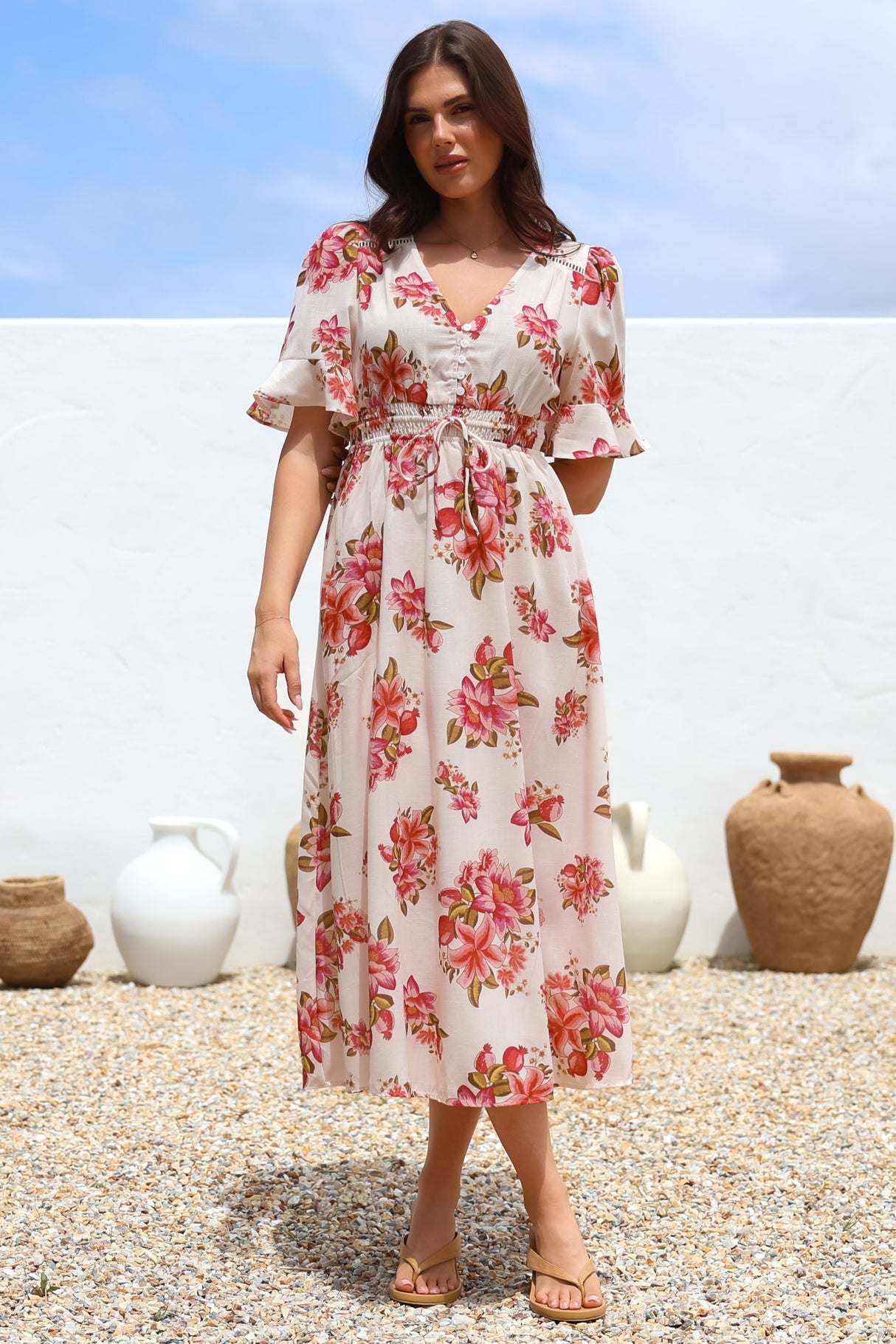 Vinnie Midi Dress - V-Neck Dress with Short Flutter Sleeves in Rosita Print