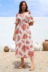 Vinnie Midi Dress - V-Neck Dress with Short Flutter Sleeves in Rosita Print