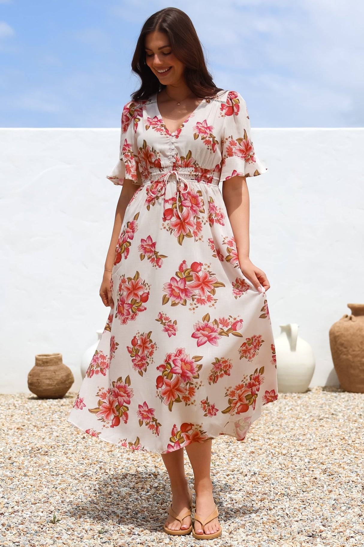 Vinnie Midi Dress - V-Neck Dress with Short Flutter Sleeves in Rosita Print