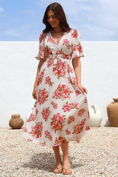 Vinnie Midi Dress - V-Neck Dress with Short Flutter Sleeves in Rosita Print