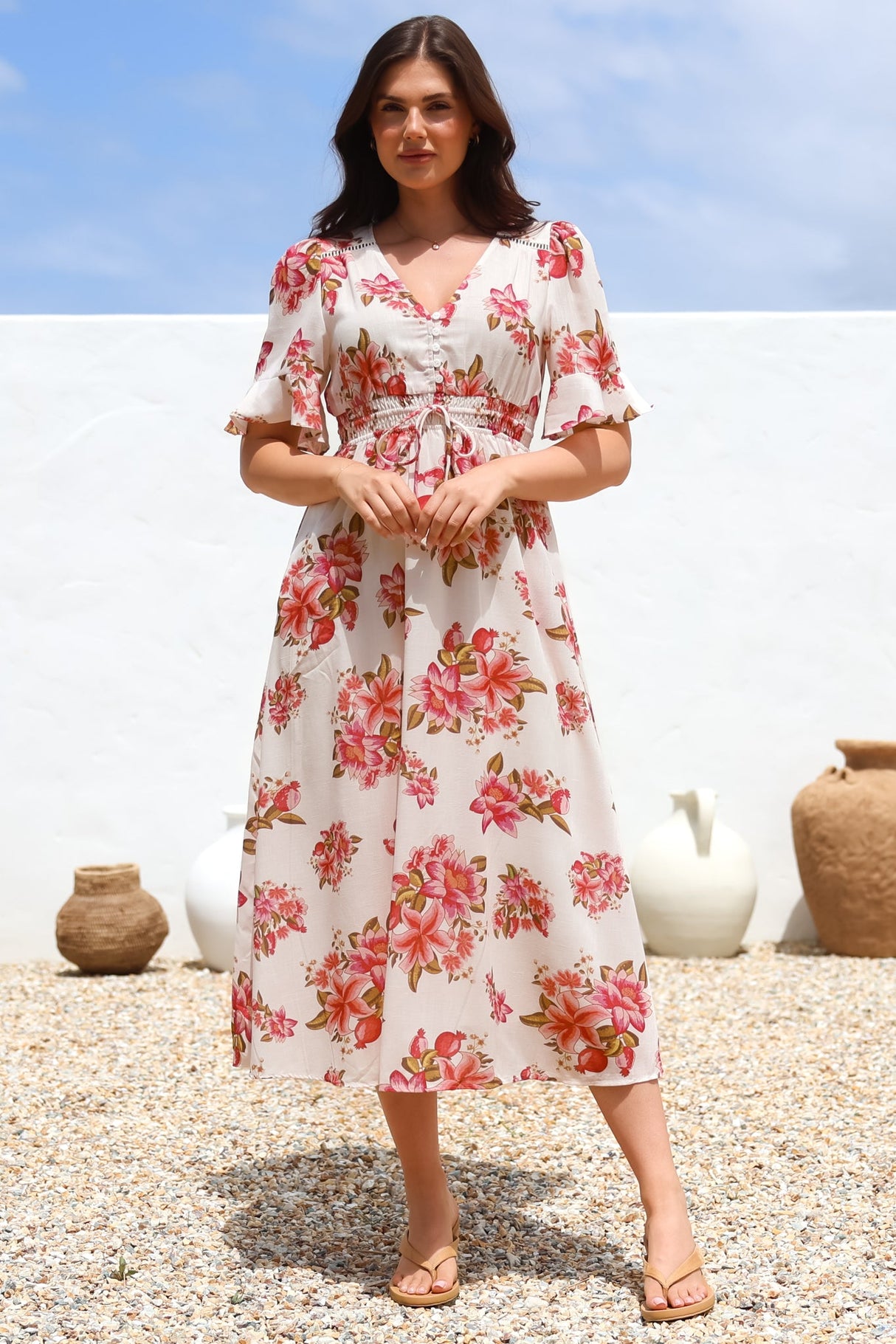 Vinnie Midi Dress - V-Neck Dress with Short Flutter Sleeves in Rosita Print