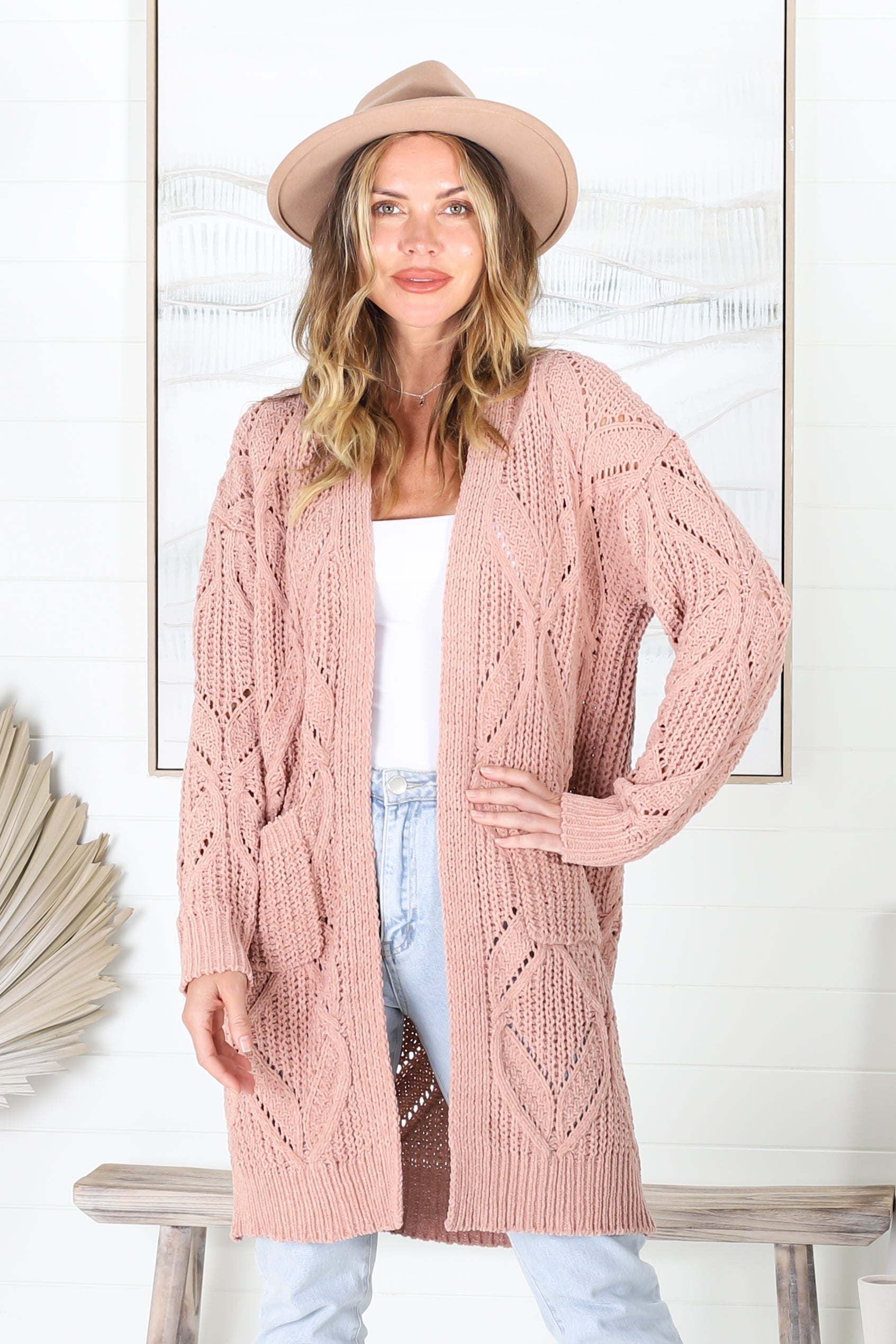 Viola Cardigan - Open Knit Long Sleeve Cardigan with Pocket in Blush