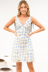 Viola Mini Dress - V Neck A Line Dress with Shoulder Tie Straps in Sapphira Print