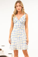 Viola Mini Dress - V Neck A Line Dress with Shoulder Tie Straps in Sapphira Print