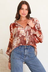 Violet Blouse - Frill Collar Button Down Balloon Sleeve Blouse In Ashara Print