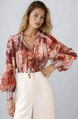 Violet Blouse - Frill Collar Button Down Balloon Sleeve Blouse In Ashara Print