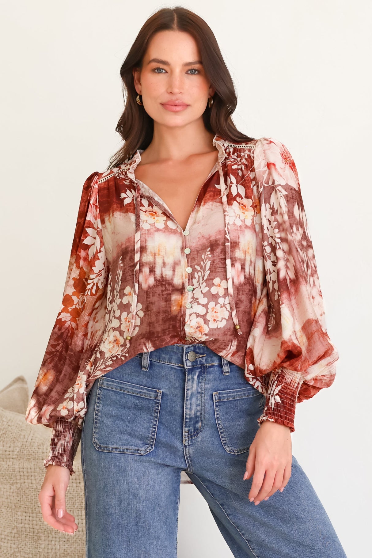 Violet Blouse - Frill Collar Button Down Balloon Sleeve Blouse In Ashara Print