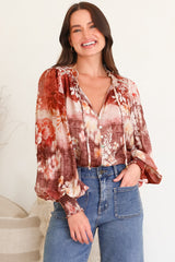 Violet Blouse - Frill Collar Button Down Balloon Sleeve Blouse In Ashara Print