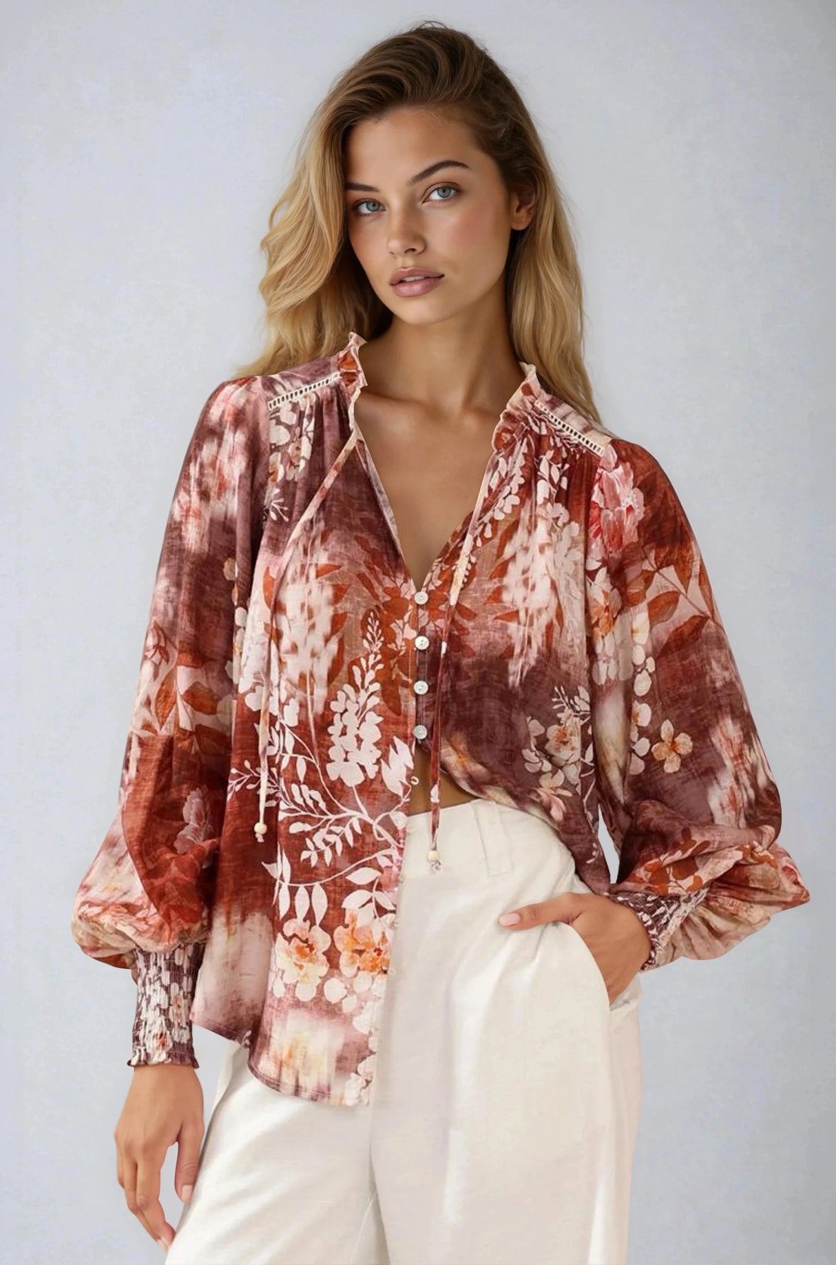 Violet Blouse - Frill Collar Button Down Balloon Sleeve Blouse In Ashara Print