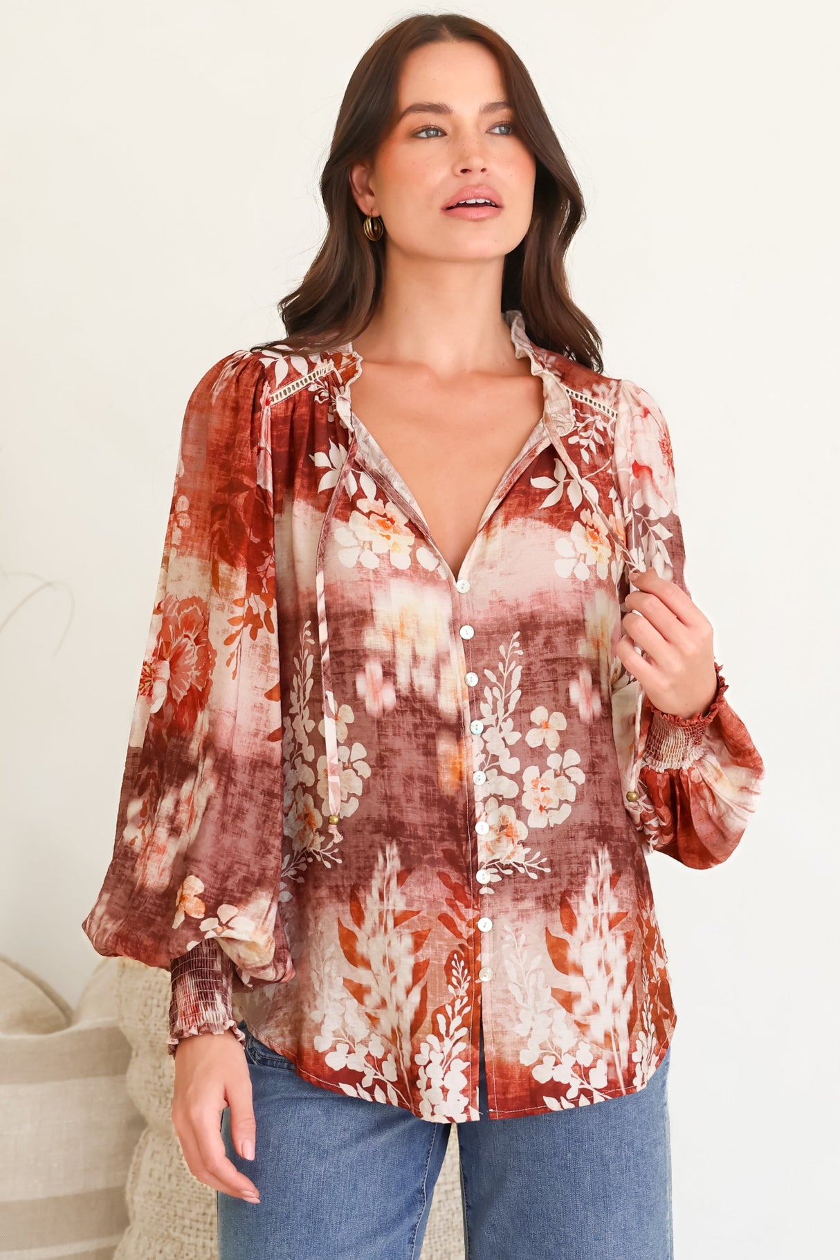 Violet Blouse - Frill Collar Button Down Balloon Sleeve Blouse In Ashara Print