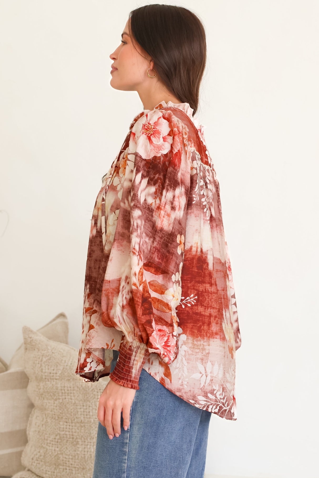 Violet Blouse - Frill Collar Button Down Balloon Sleeve Blouse In Ashara Print