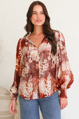 Violet Blouse - Frill Collar Button Down Balloon Sleeve Blouse In Ashara Print