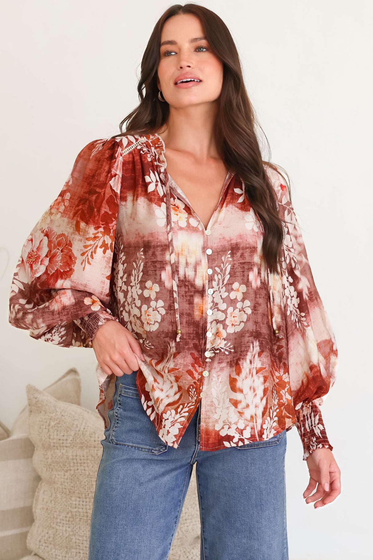 Violet Blouse - Frill Collar Button Down Balloon Sleeve Blouse In Ashara Print