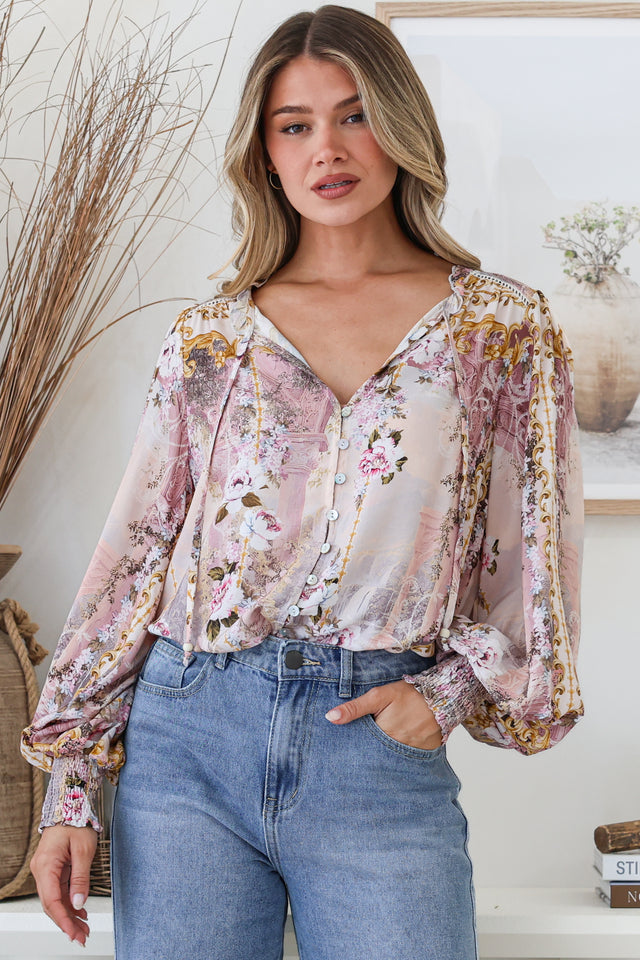 Model wearing Violet Blouse in Baroque Print from Salty Crush
