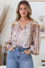 Violet Blouse - Frill Collar Button Down Balloon Sleeve Top in Baroque Print