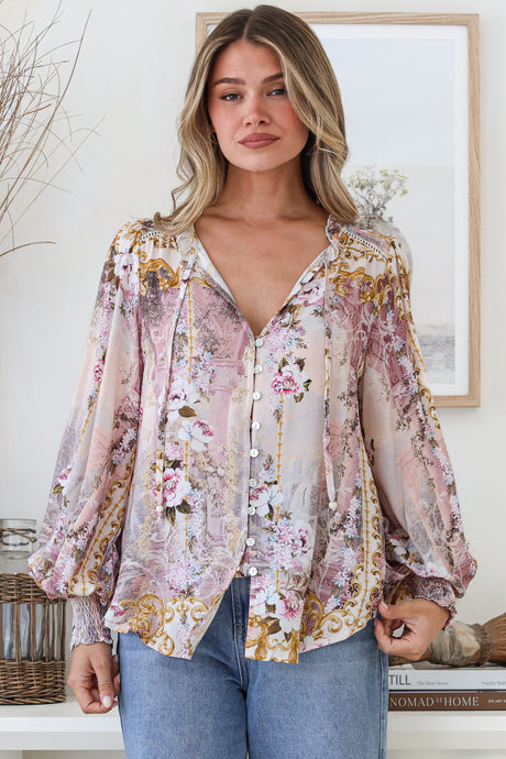 Violet Blouse - Frill Collar Button Down Balloon Sleeve Blouse In Baroque Print