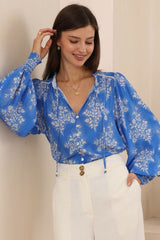 Violet Blouse - Frill Collar Button Down Balloon Sleeve Blouse In Bridgette Print