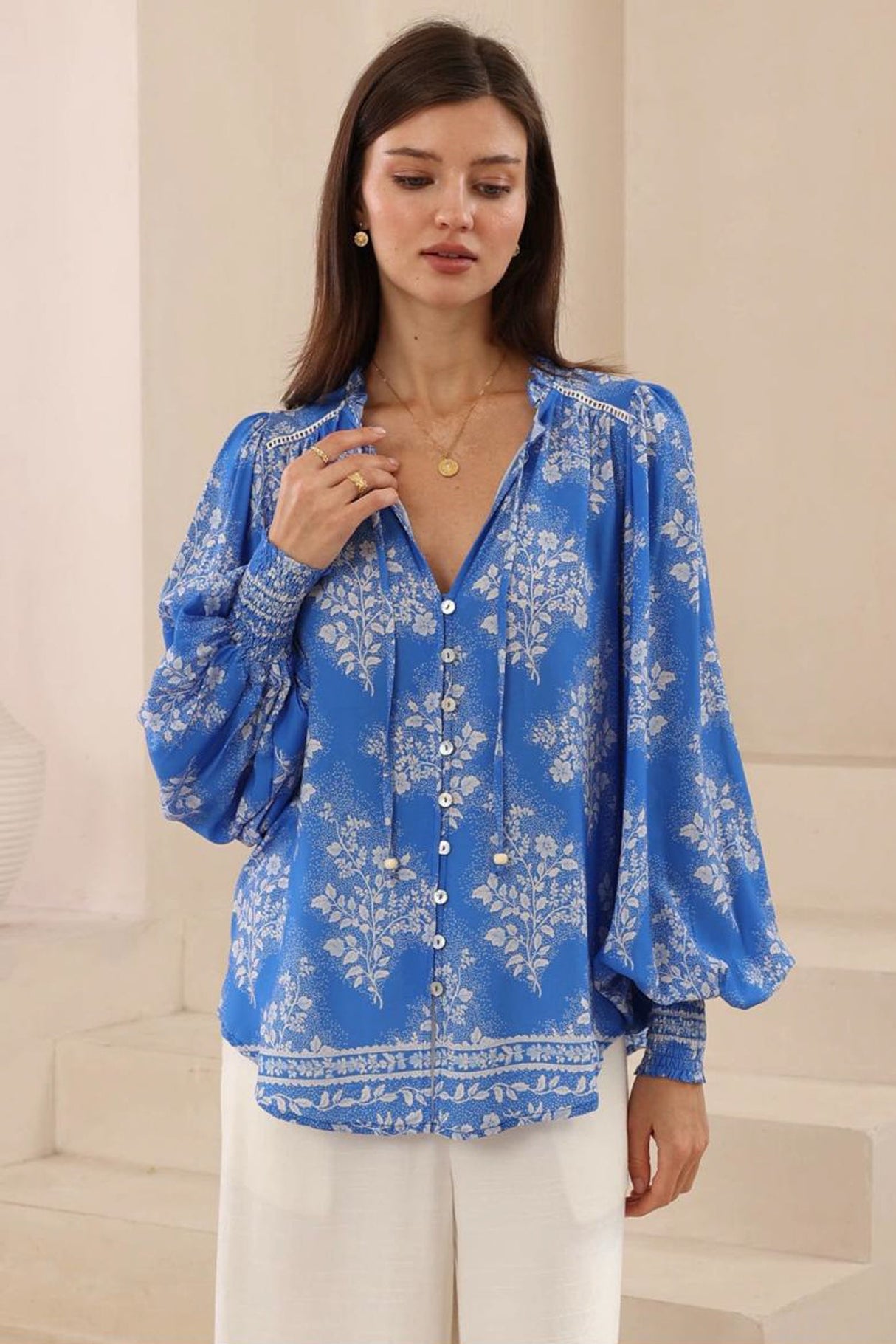 Violet Blouse - Frill Collar Button Down Balloon Sleeve Blouse In Bridgette Print