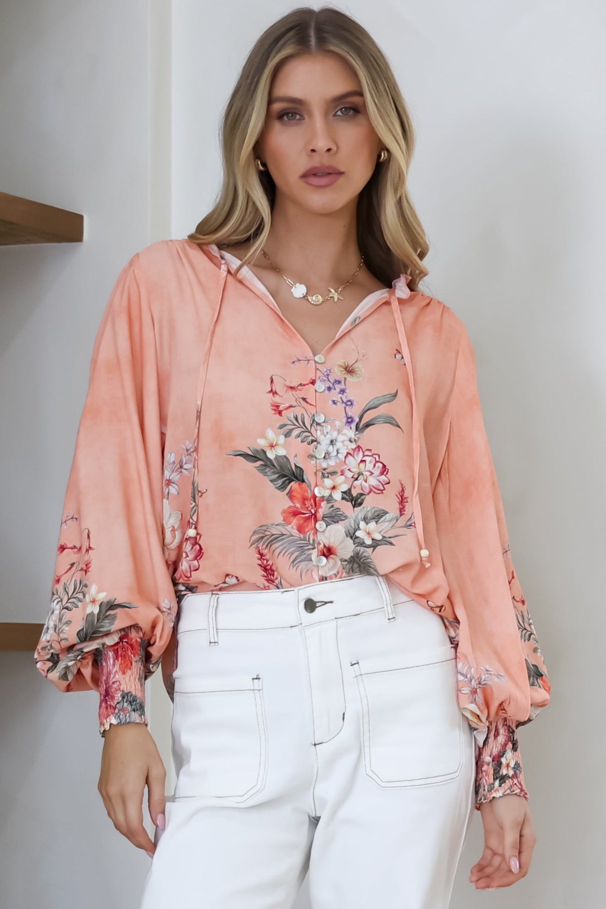 Violet Blouse - Frill Collar Button Down Balloon Sleeve Blouse In Evette Print