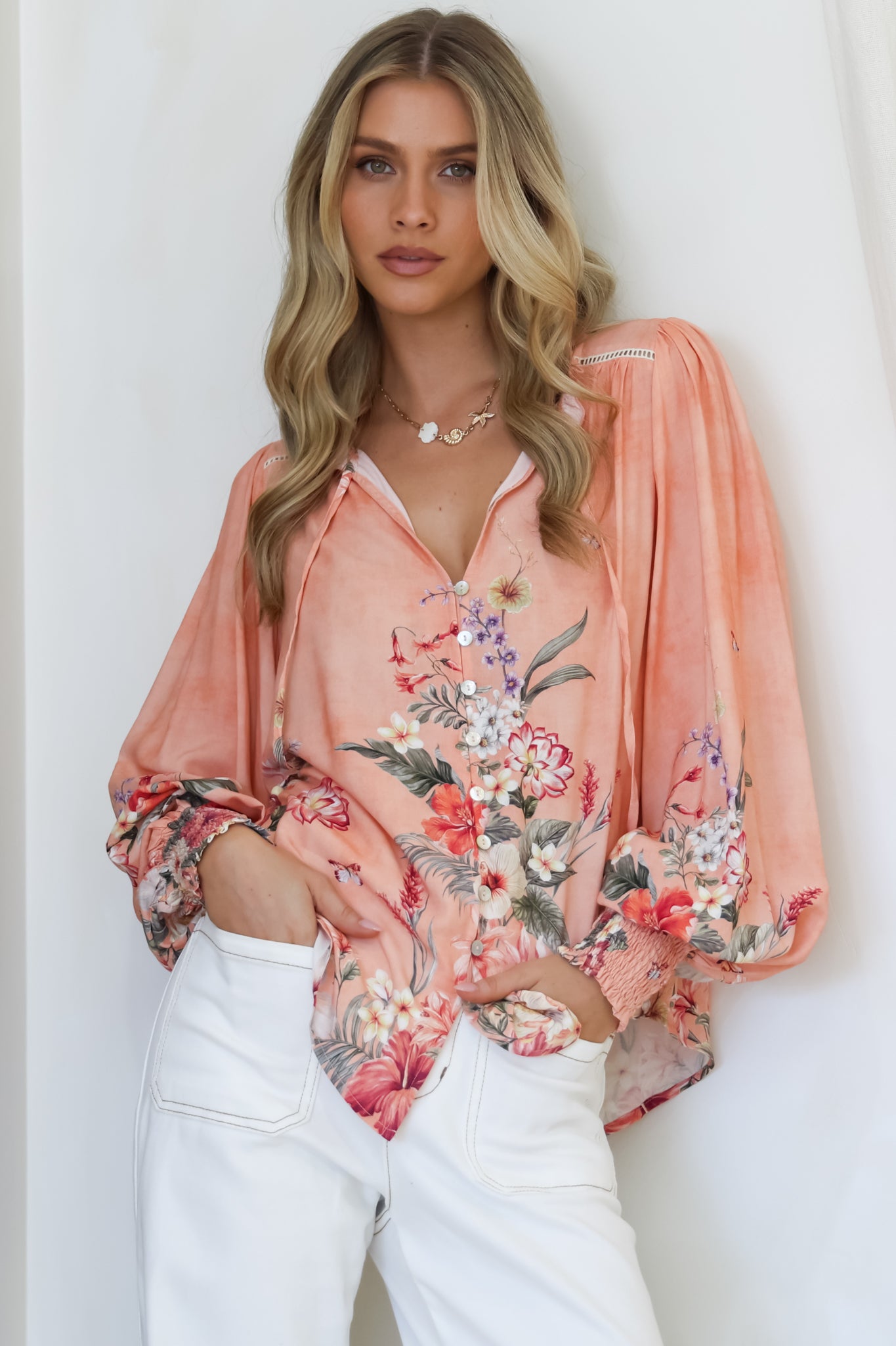 Blouse Frill Collar Button Down Balloon Sleeve Blouse Evette Print