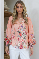 Violet Blouse - Frill Collar Button Down Balloon Sleeve Blouse In Evette Print