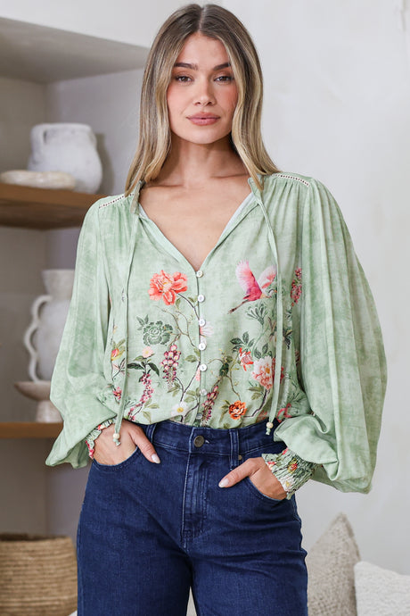 Model wearing Violet Blouse in Ferngully Print from Salty Crush