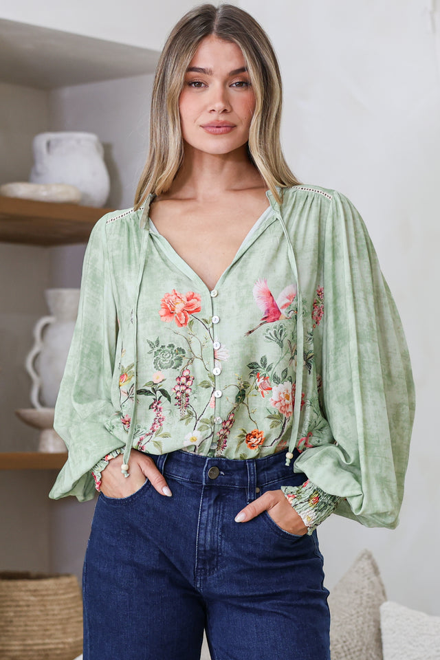 Model wearing Violet Blouse in Ferngully Print from Salty Crush