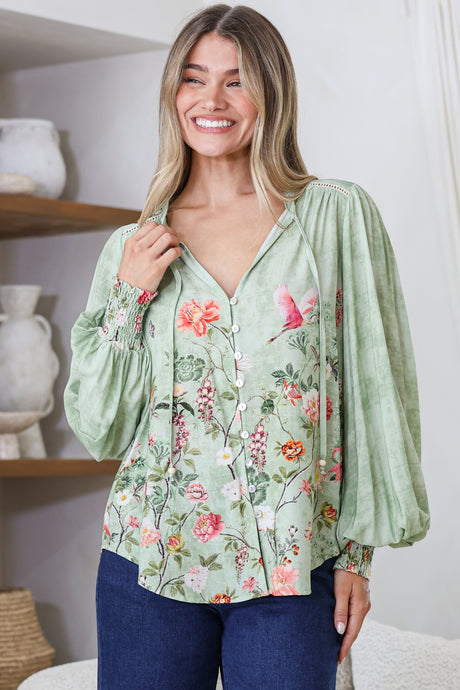 Violet Blouse - Frill Collar Button Down Balloon Sleeve Blouse In Ferngully Print