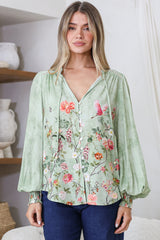 Violet Blouse - Frill Collar Button Down Balloon Sleeve Blouse in Ferngully Print
