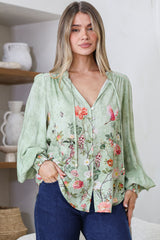 Violet Blouse - Frill Collar Button Down Balloon Sleeve Blouse in Ferngully Print