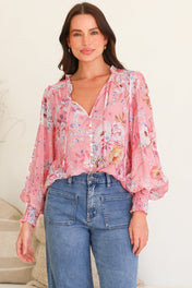 Model wearing Violet Blouse in Ginnee Print from Salty Crush