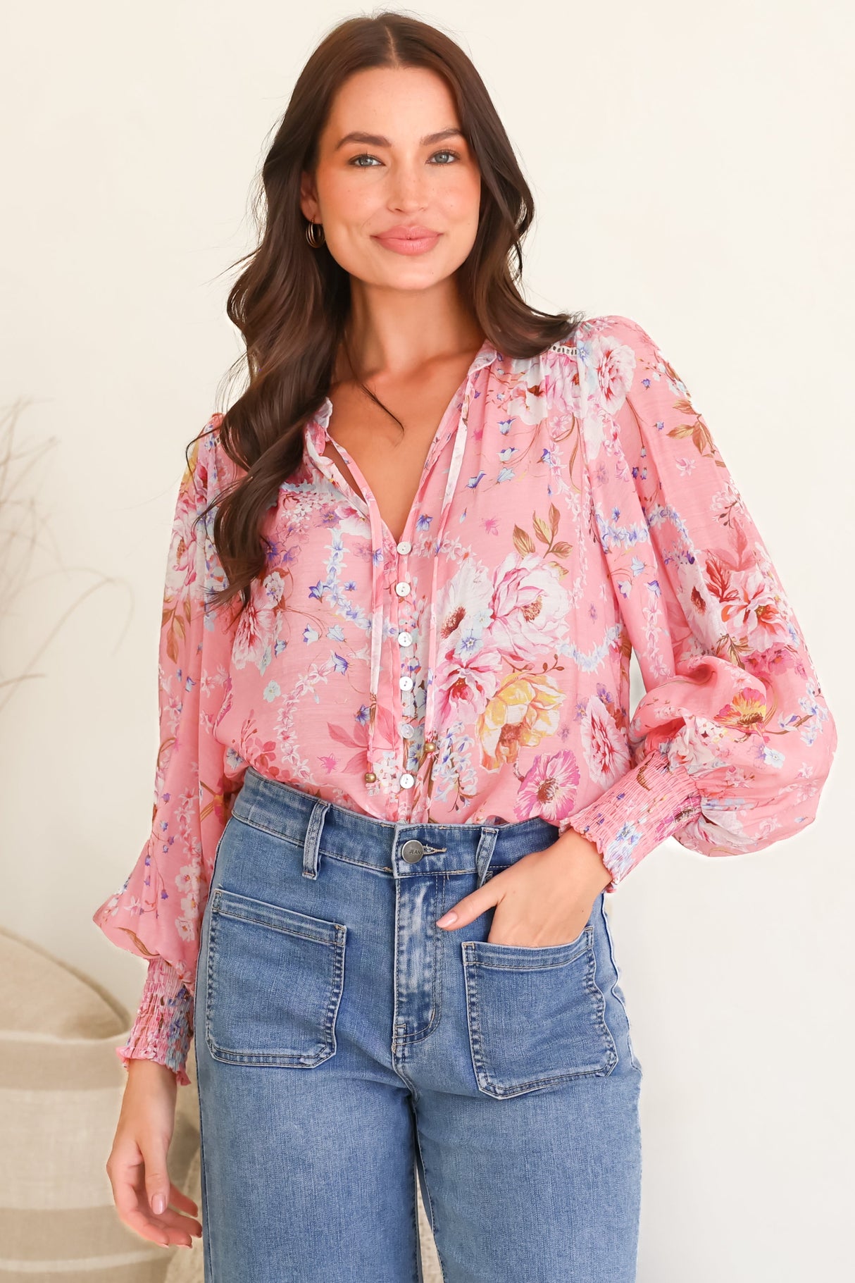 Violet Blouse - Frill Collar Button Down Balloon Sleeve Blouse In Ginnee Print