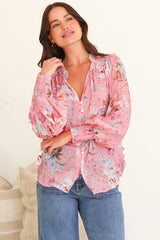 Violet Blouse - Frill Collar Button Down Balloon Sleeve Blouse In Ginnee Print