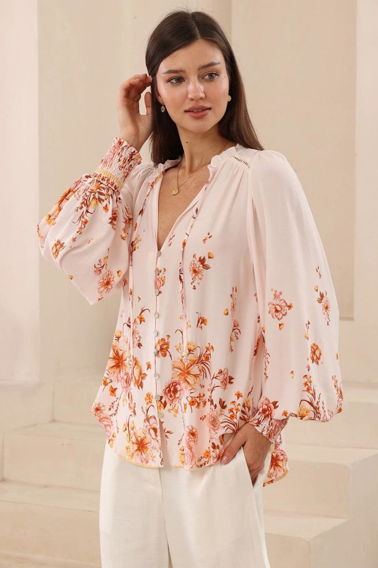 Violet Blouse - Frill Collar Button Down Balloon Sleeve Blouse In Harlie Print