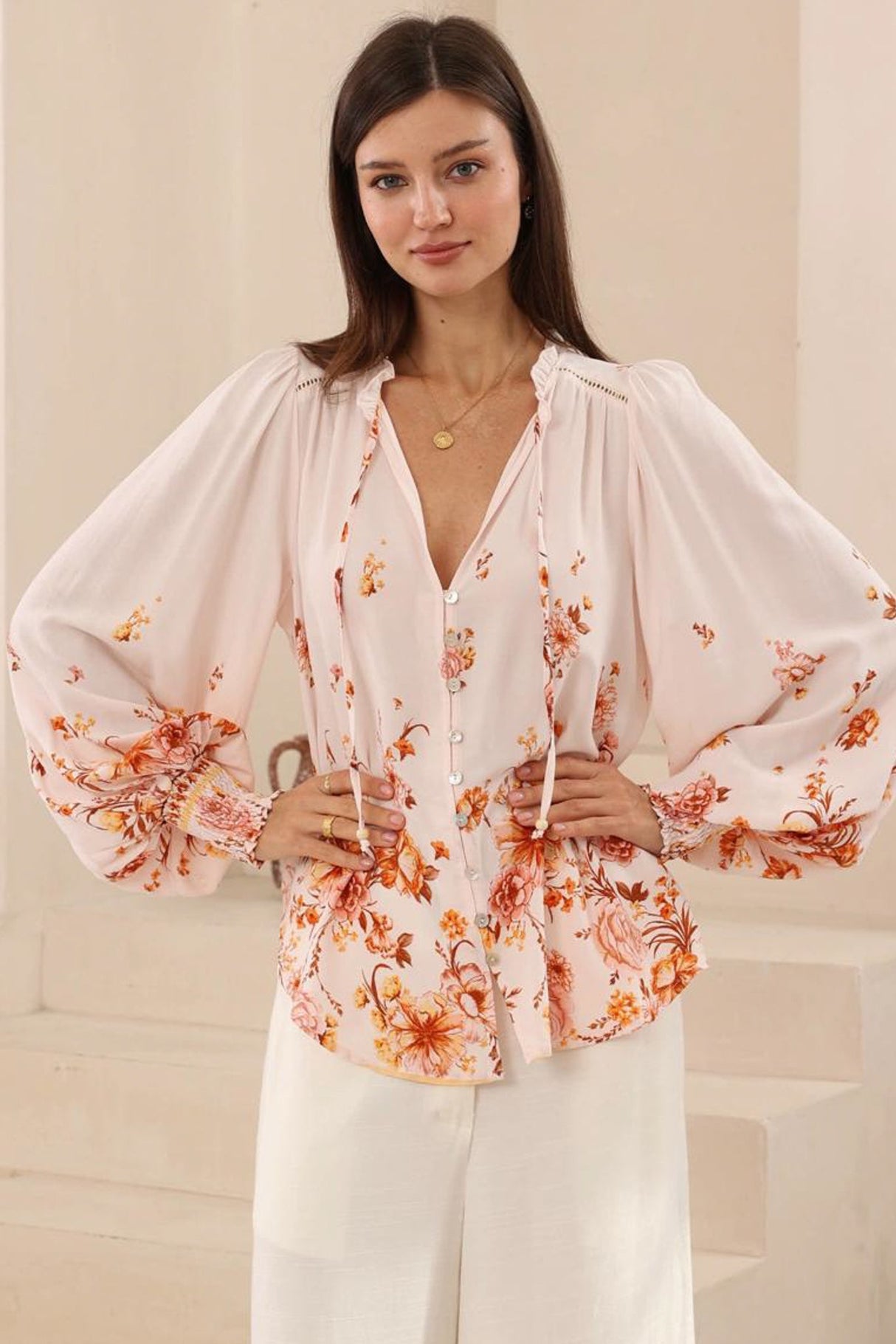 Violet Blouse - Frill Collar Button Down Balloon Sleeve Shirt In Harlie Print