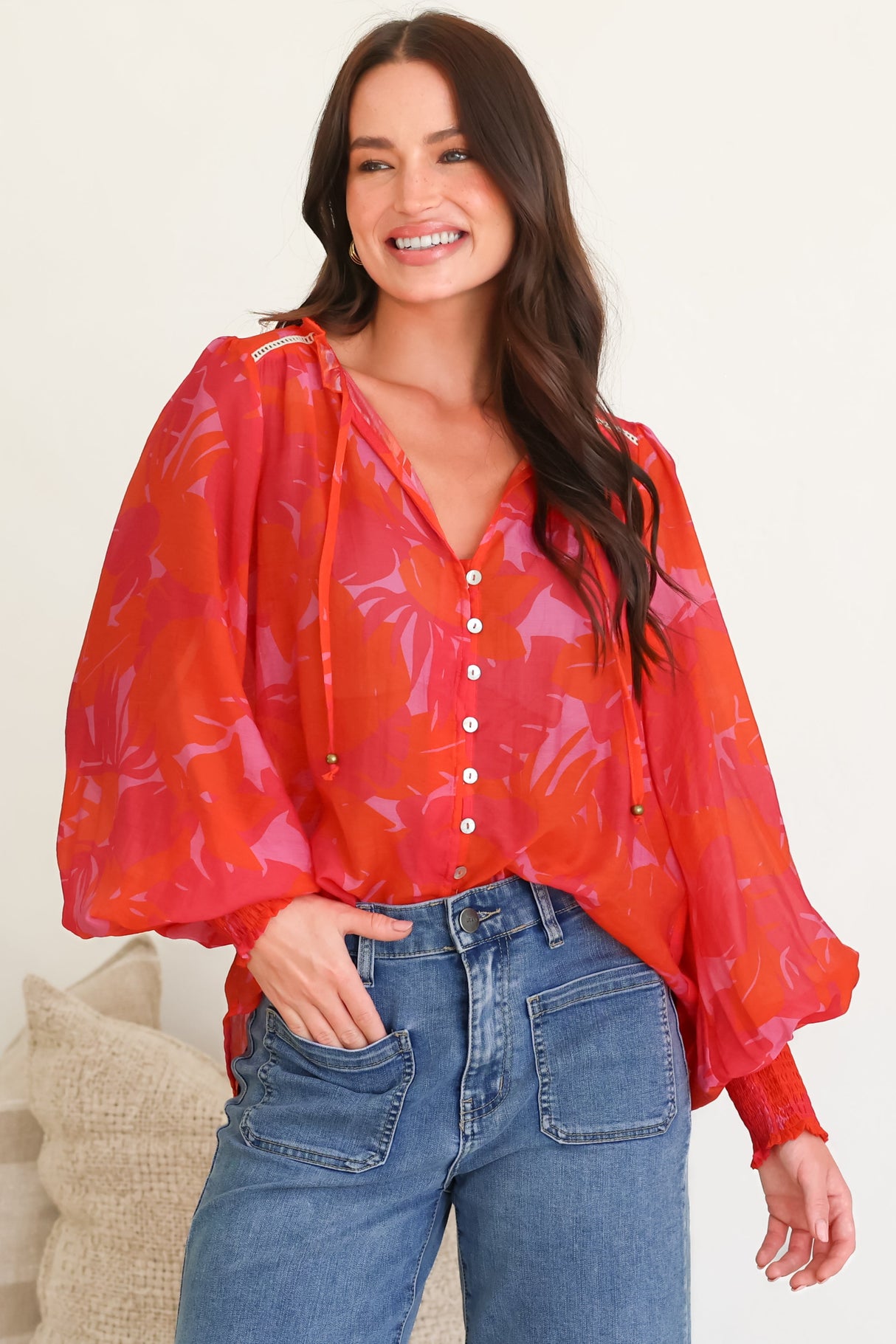 Violet Blouse - Frill Collar Button Down Balloon Sleeve Blouse In Vallie Print