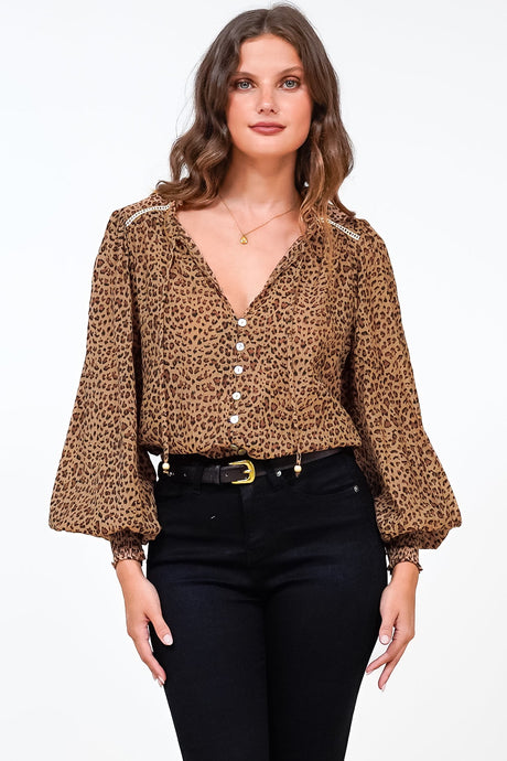 Violet Blouse - Frill Collar Button Down Balloon Sleeve Blouse In Wyatt Print