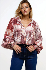 Violet Blouse - Frill Collar Button Down Balloon Sleeve Blouse In Ashara Print