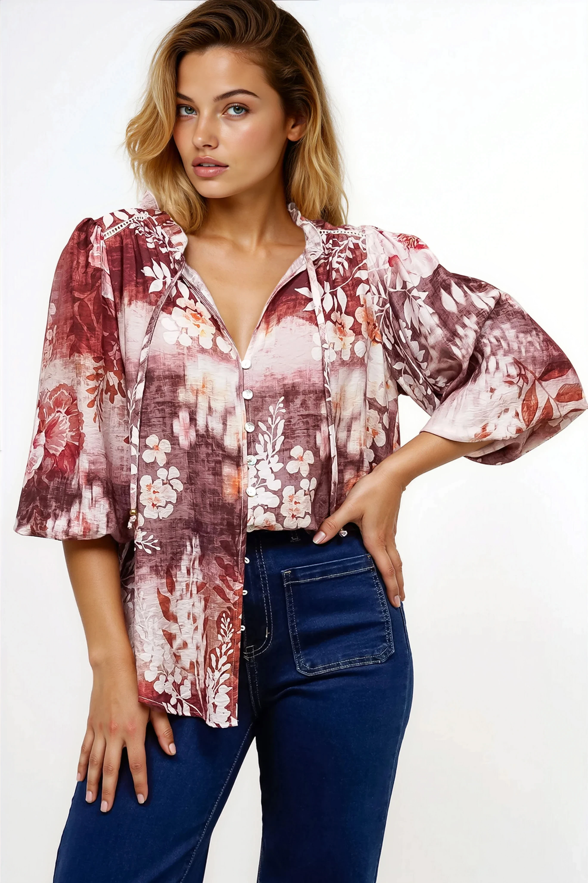 Violet Blouse - Frill Collar Button Down Balloon Sleeve Blouse In Ashara Print