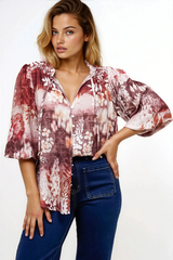 Violet Blouse - Frill Collar Button Down Balloon Sleeve Blouse In Ashara Print