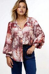 Violet Blouse - Frill Collar Button Down Balloon Sleeve Blouse In Ashara Print