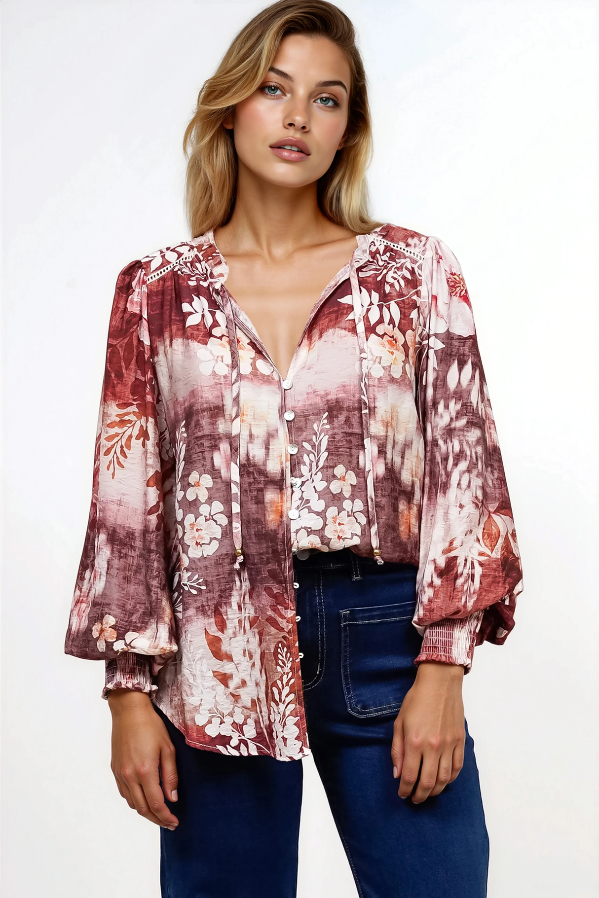 Violet Blouse - Frill Collar Button Down Balloon Sleeve Blouse In Ashara Print
