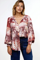 Violet Blouse - Frill Collar Button Down Balloon Sleeve Blouse In Ashara Print