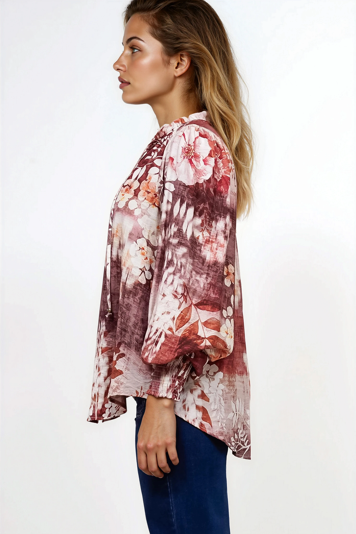 Violet Blouse - Frill Collar Button Down Balloon Sleeve Blouse In Ashara Print