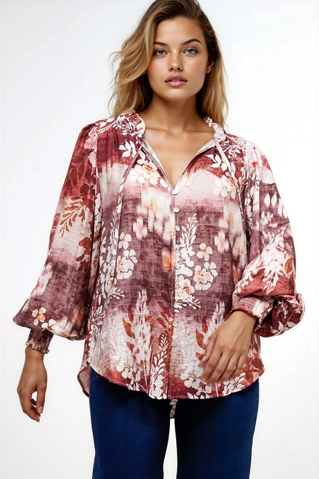 Violet Blouse - Frill Collar Button Down Balloon Sleeve Blouse In Ashara Print