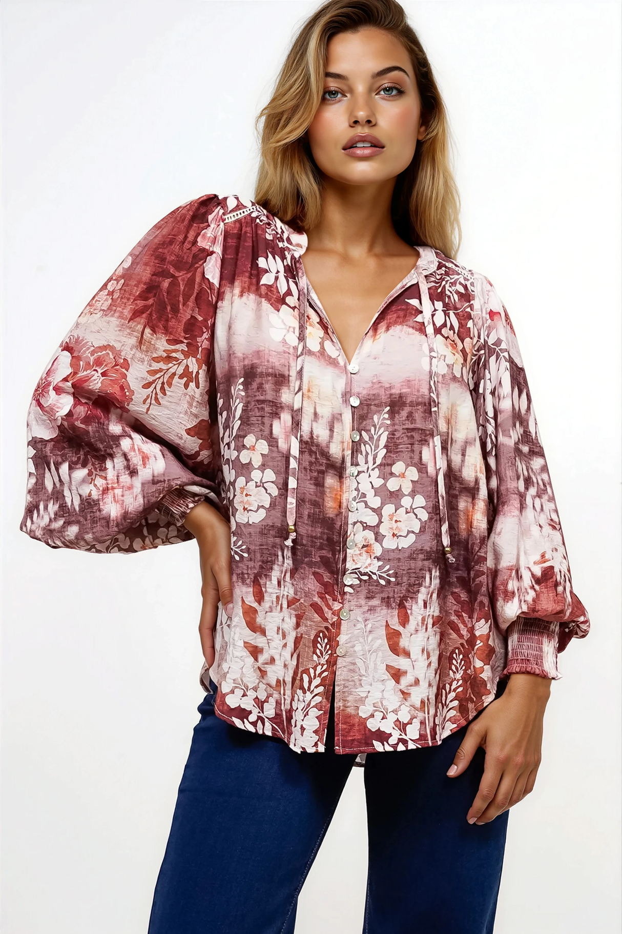 Violet Blouse - Frill Collar Button Down Balloon Sleeve Blouse In Ashara Print